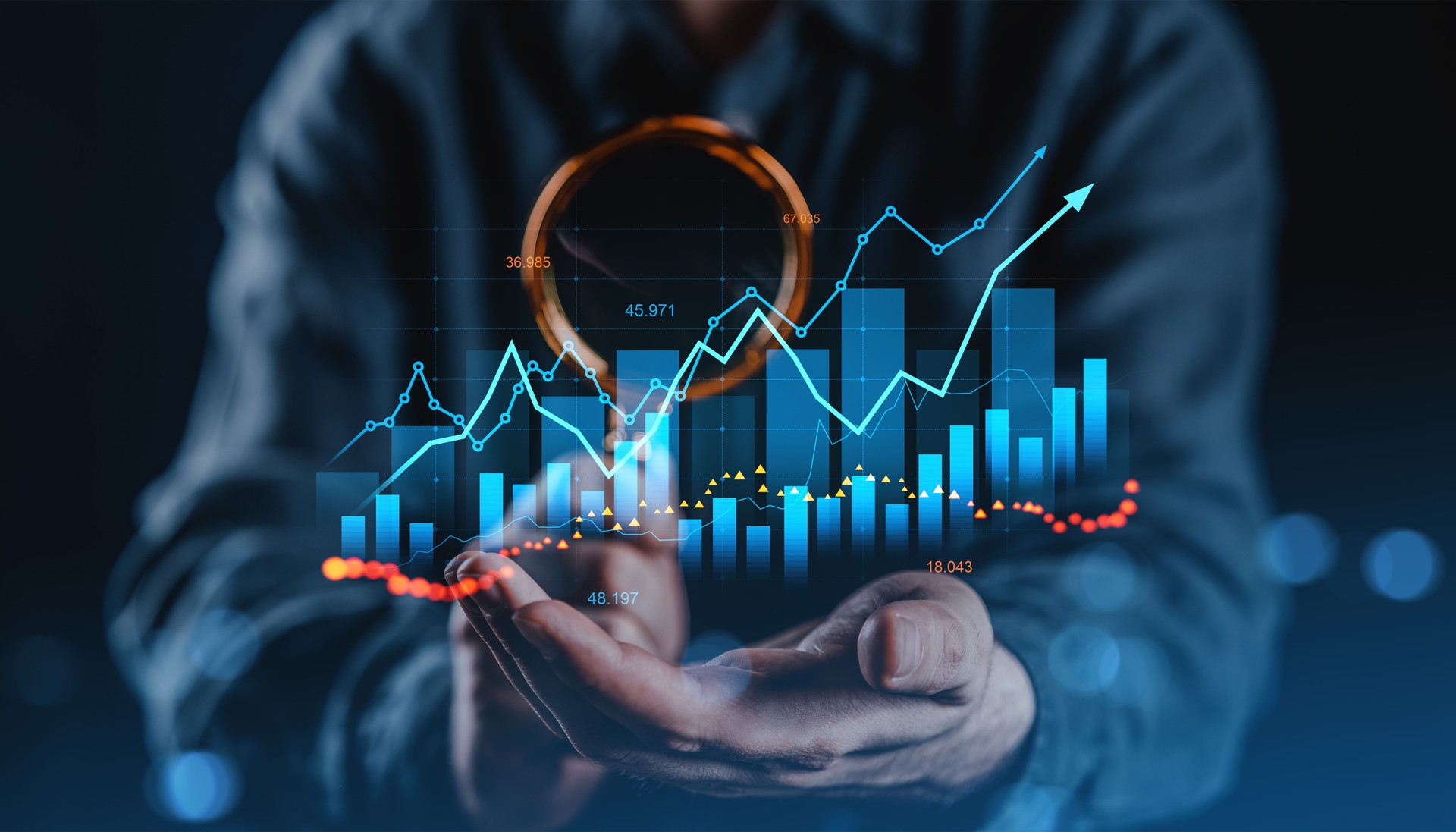 Businessman holding financial graph with magnifying glass, symbolizing data analytics, investment growth and stock market forecast concept.