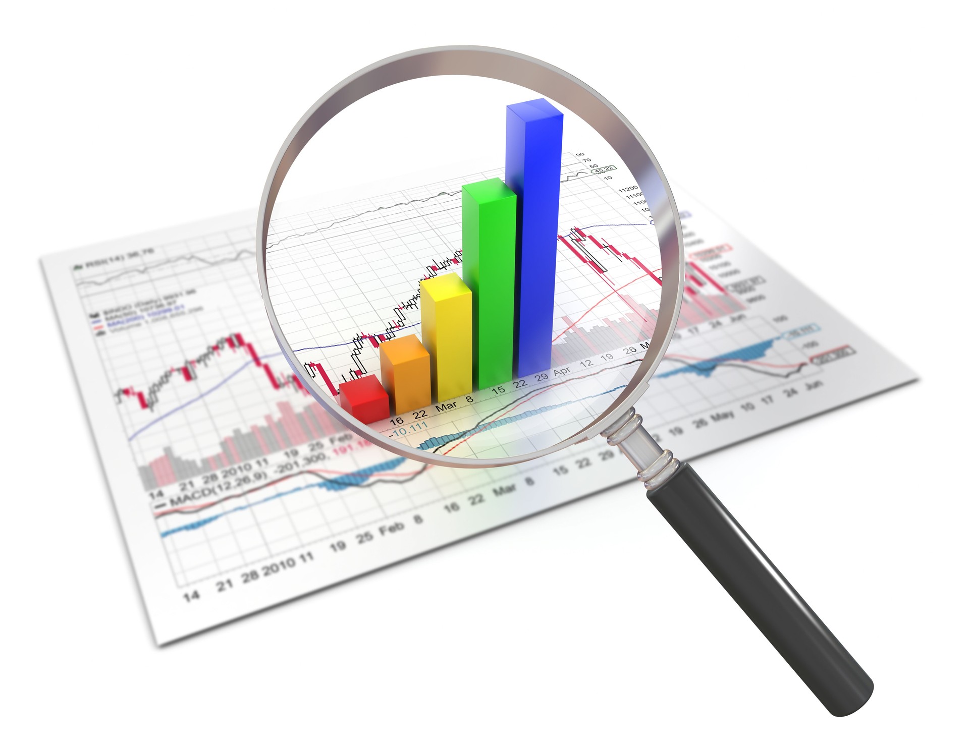 Financial data and magnifying glass, isolated on white